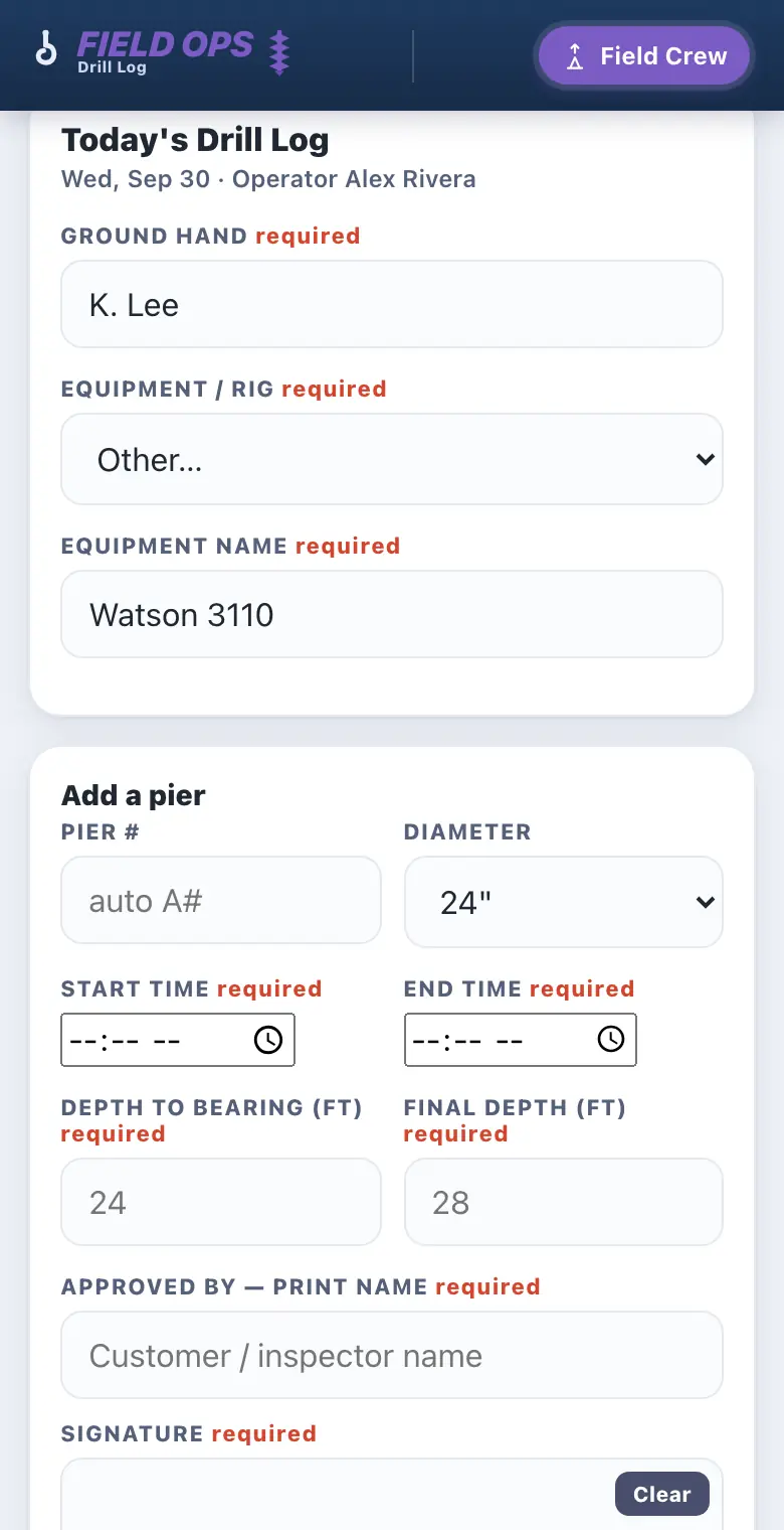 The crew's Daily Drill Log — a field crew logs each hole from a phone