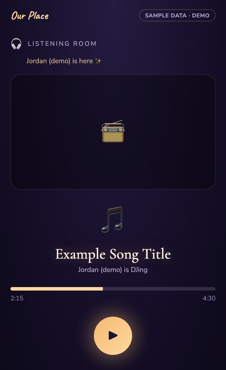 The Listening Room — a YouTube-synced now-playing screen for watching or listening together from two cities